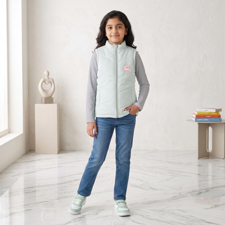 Girls' Mint Green Stand Collar Puffer Jacket, Light Green, large