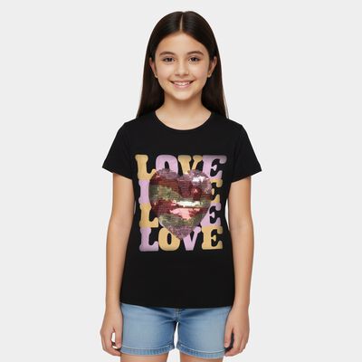 Girls Black Cotton Round Neck Casual T-Shirt