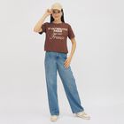 Ladies' Rich Chocolate Brown Cotton Round Neck Casual Crop T-Shirt, Brown, small