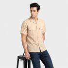 Men's Beige Cotton Camp Collar Casual Shirt, Beige, small