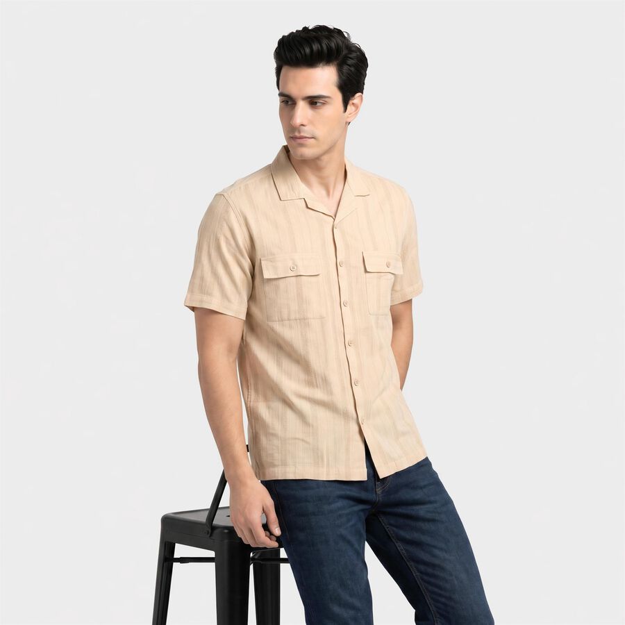 Men's Beige Cotton Camp Collar Casual Shirt, Beige, large