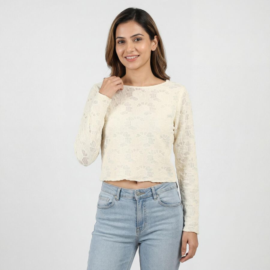Women's White Cotton Blend Top, Off White, large