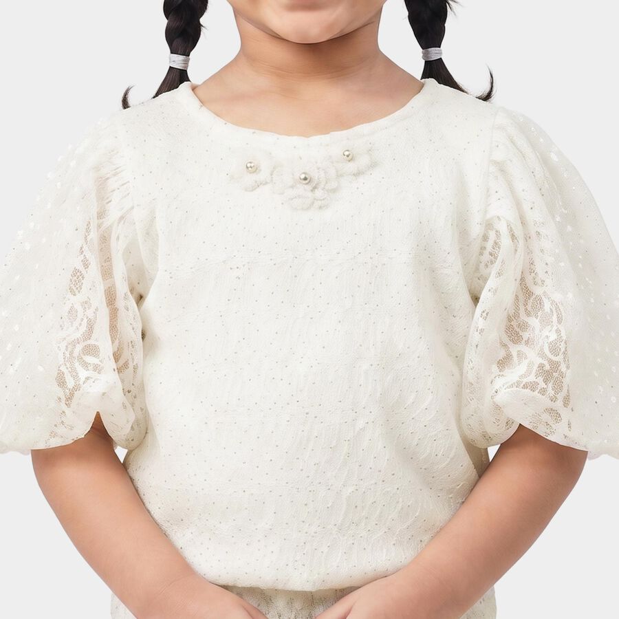Girls White Round Neck Regular T-Shirt, सफ़ेद, large