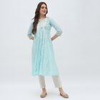 Women's Light Aqua Blue Embroidered Notch Neck Kurta, हल्का नीला, small image number null