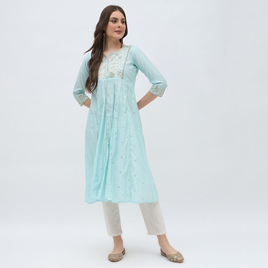 Women's Light Aqua Blue Embroidered Notch Neck Kurta, हल्का नीला, large image number null
