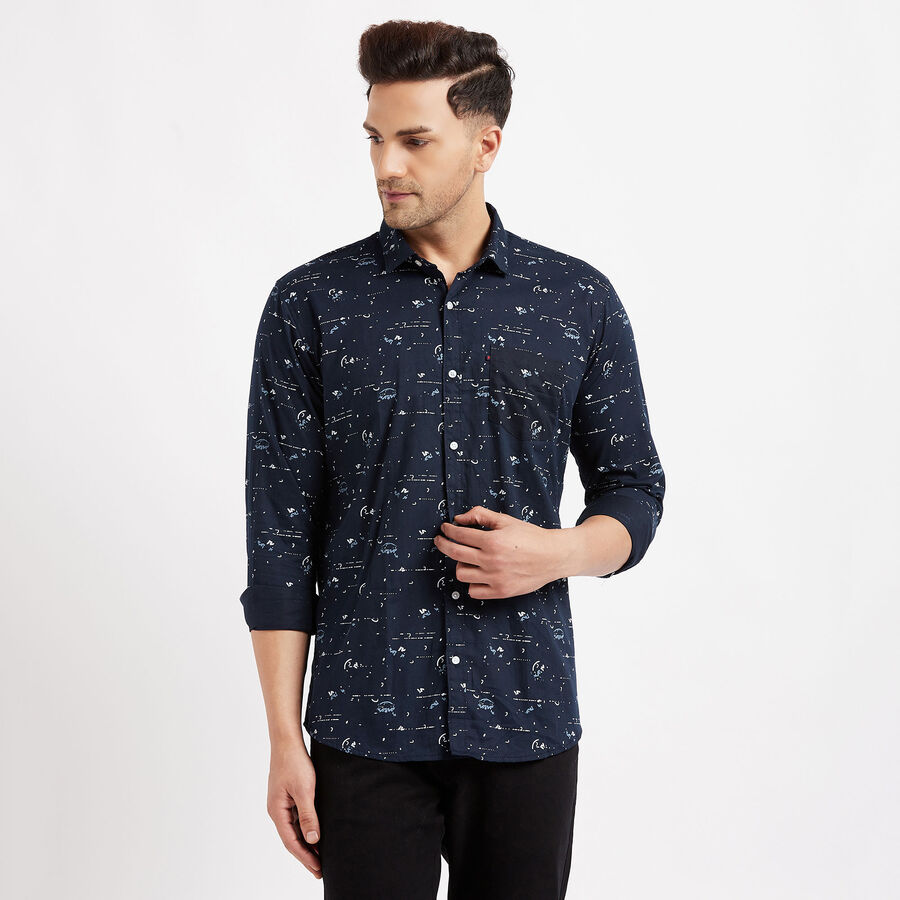 Cotton Printed Casual Shirt, Navy Blue, large image number null