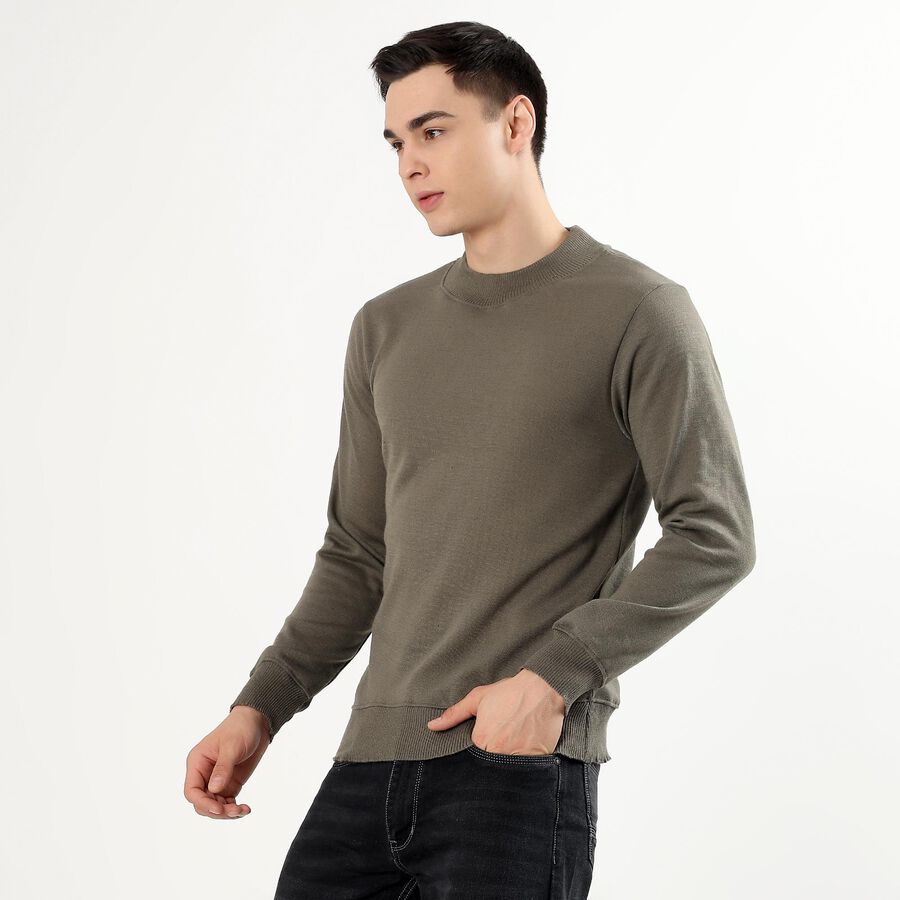Men's Muted Olive Green Crew Neck Casual Pullover, Olive, large image number null