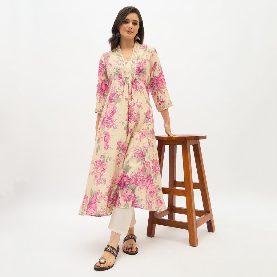 Women's Light Beige Floral Printed Ethnic Set, Purple, large image number null