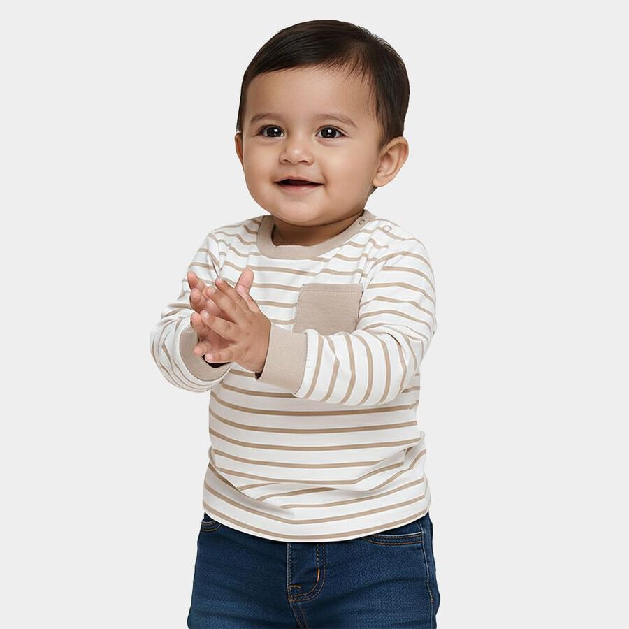 Infants' Beige and White Cotton Crew Neck Casual T-Shirt, Beige, large image number null