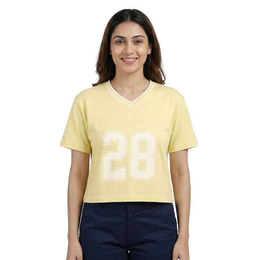 Women's Yellow Cotton Round Neck Casual T-Shirt, पीला, large