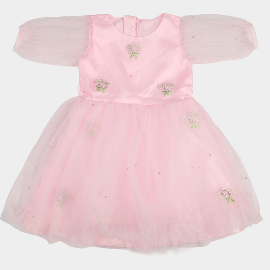 Girls' Pink Fit and Flare Embroidered Party Wear Frock, Light Pink, large
