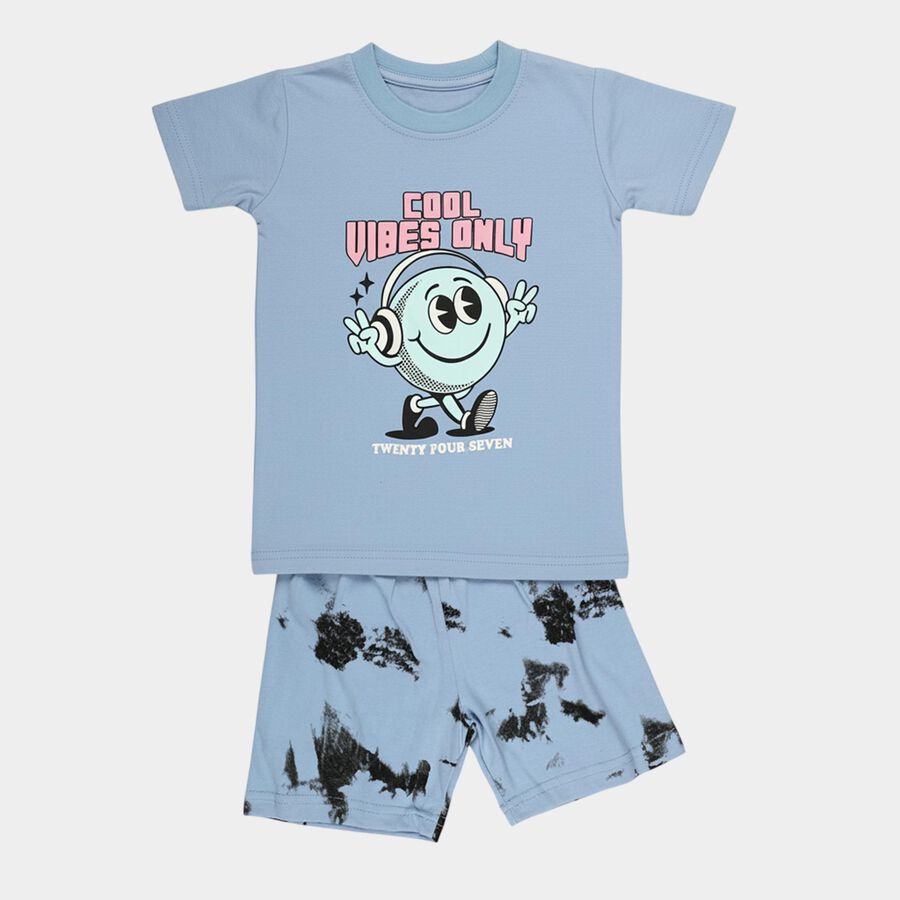 Boys Light Blue 100% Cotton Round Neck Graphic Printed Baba Suit, Mid Blue, large