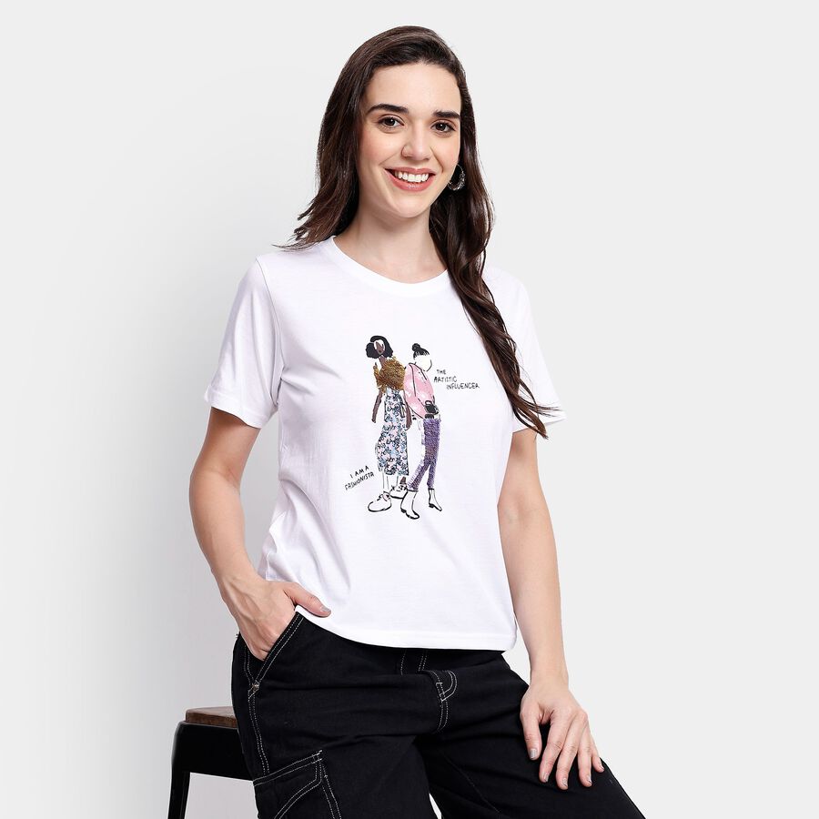 Ladies' Round Neck T-Shirt, सफ़ेद, large image number null