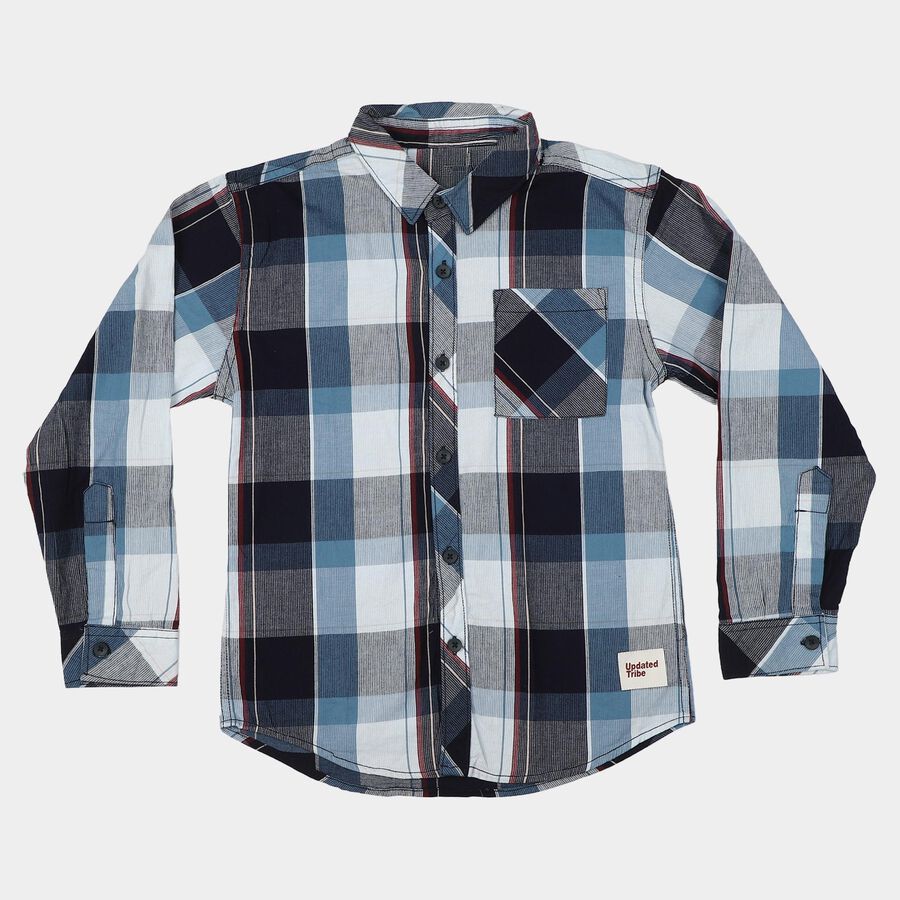 Boys Mid Blue Cotton Collar Shirt, Mid Blue, large