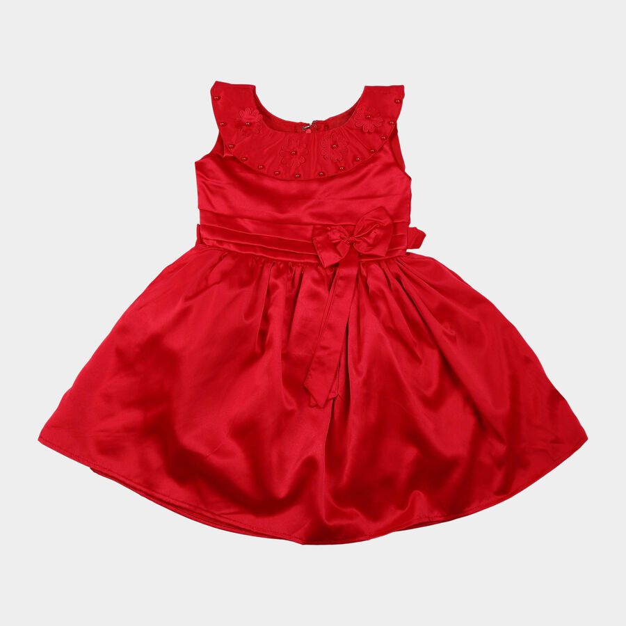 Girls' Red Fit and Flare Embellished Bow Party Wear Frock, Red, large