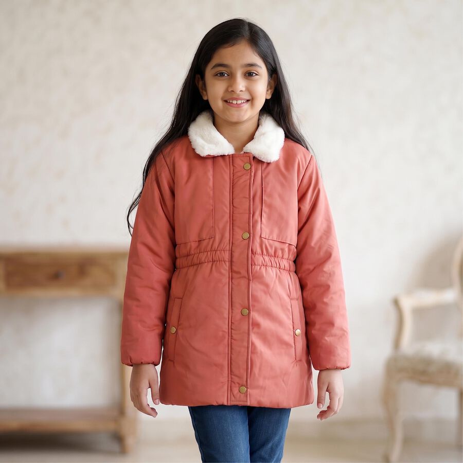 Girls' Pink Fur Collar Puffer Jacket, Pink, large