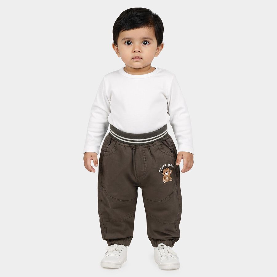 Infants' Grey Jogger Fit Embroidered Trousers, गहरा ग्रे, large