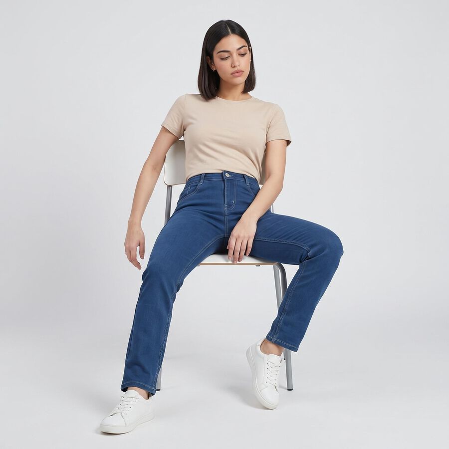 Women's Blue Straight Fit Classic Jeans, Mid Blue, large