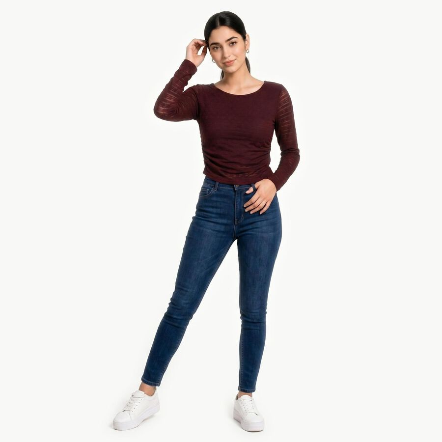 Women's Wine Round Neck Regular Top, वाइन, large