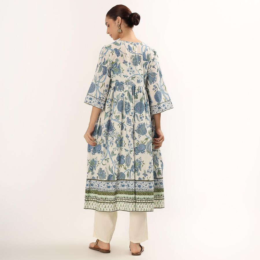 Women's Soft Ivory Cotton V-Neck Floral Printed Kurta, Light Blue, large image number null