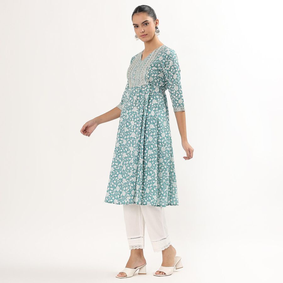 Women's Muted Blue Cotton Round Neck Embellished Kurta, Mid Blue, large image number null