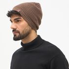 Men's Muted Brown Textured Knitted Beanie Cap, Brown, small image number null