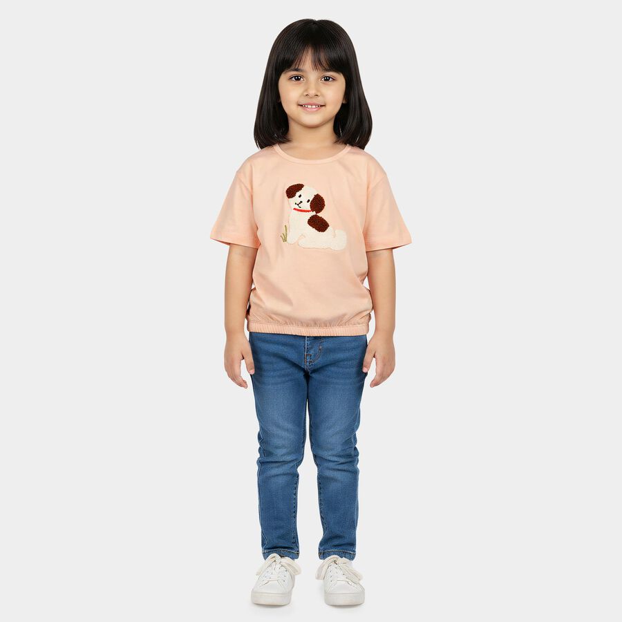 Girls Light Pink Cotton Round Neck Regular T-Shirt, Light Pink, large