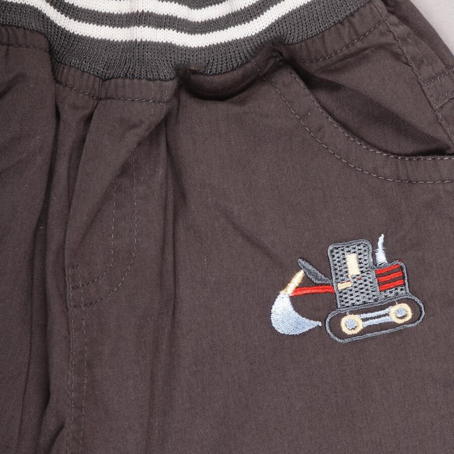 Infants Charcoal Grey Elastic Waist Embroidered Trousers, गहरा ग्रे, large image number null