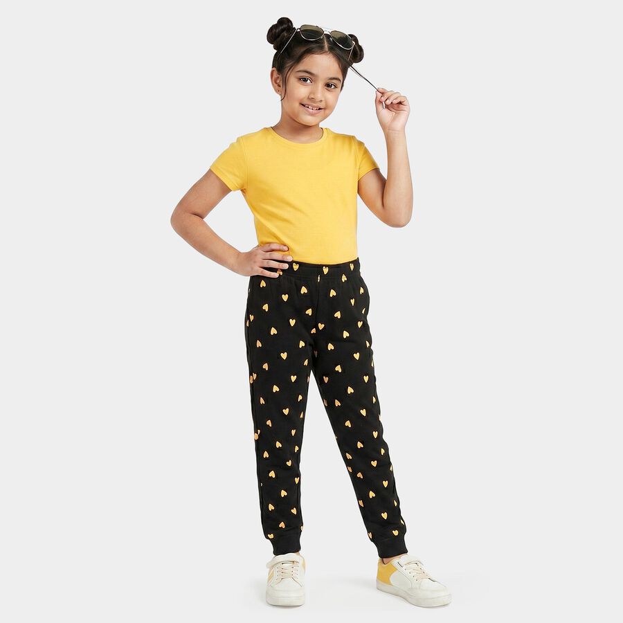 Girls' Black Jogger Fit Heart Printed Cotton Pyjama, काला, large