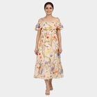Women's Peach Cotton Square Neck Smocked Tiered Midi Dress, पीच, small