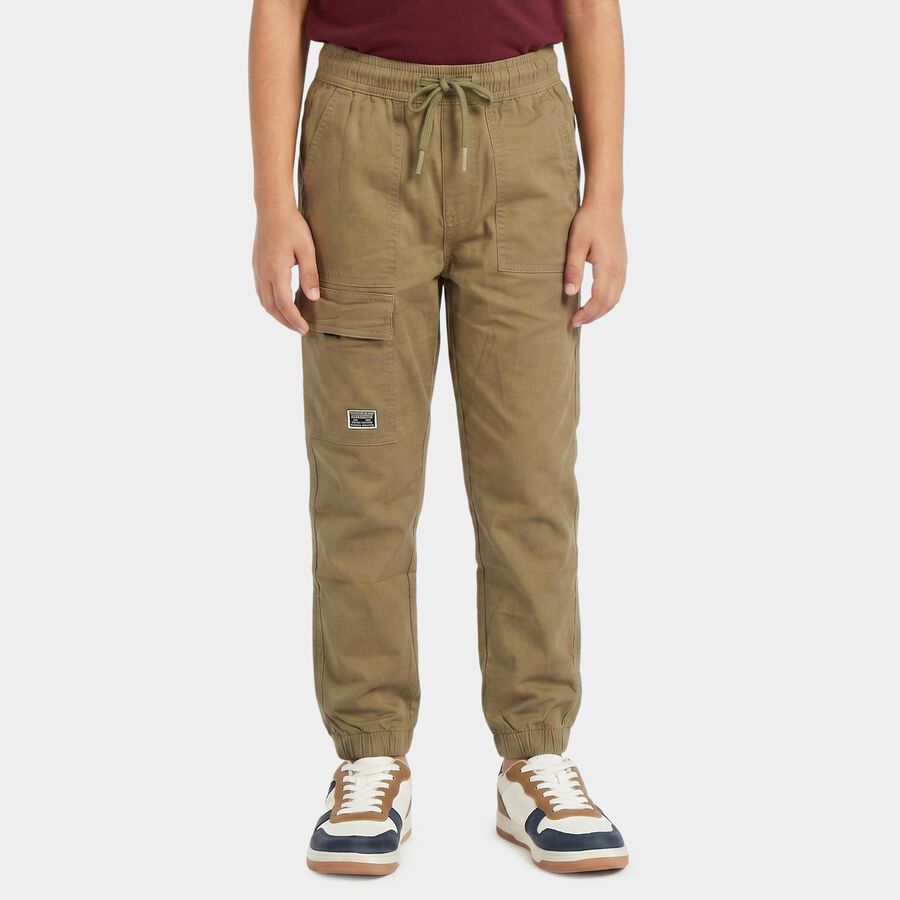 Boys' Olive Green Regular Fit Cargo Jogger Trousers, ओलिव, large