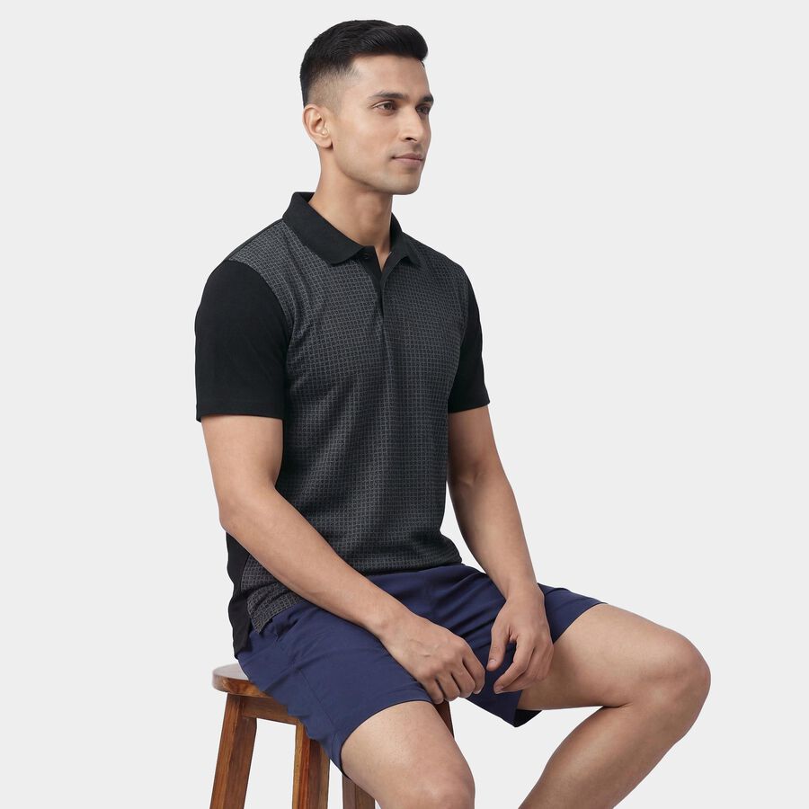 Men's Black Round Neck Athleisure T-Shirt, काला, large