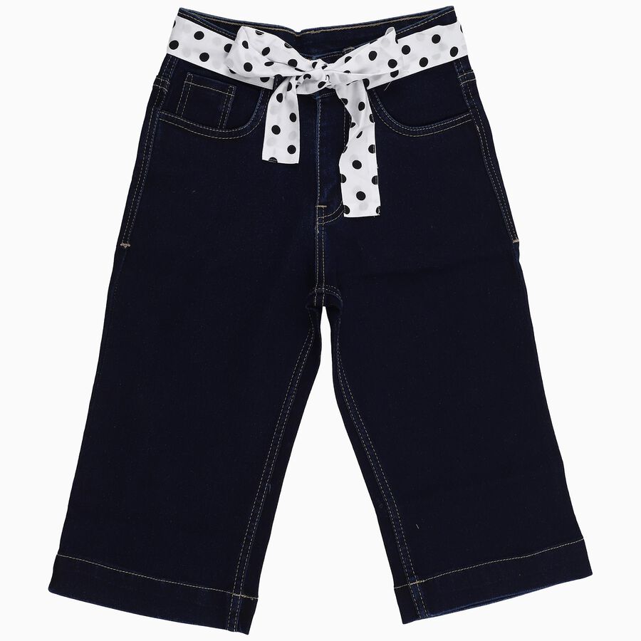 Girls' Deep Navy Blue Cotton Blend Polka Dot Belt Capri, Mid Blue, large image number null