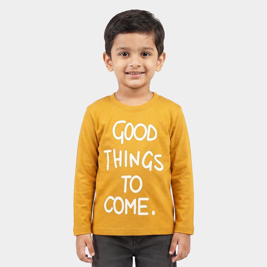 Boys Yellow Cotton Blend Round Neck Regular T-Shirt, पीला, large
