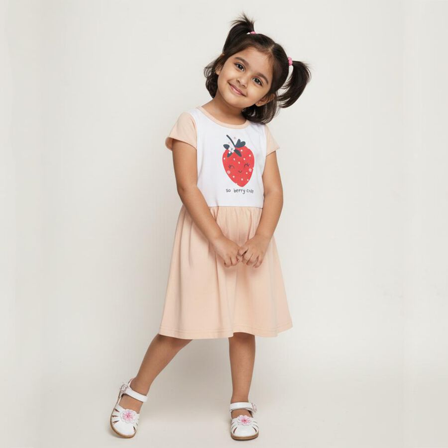 Girls' White and Peach Strawberry Print A-Line Frock, हल्का गुलाबी, large image number null