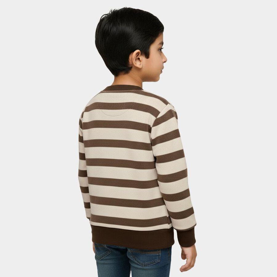 Boys Brown and Cream Crew Neck Striped Pullover, भूरा, large image number null