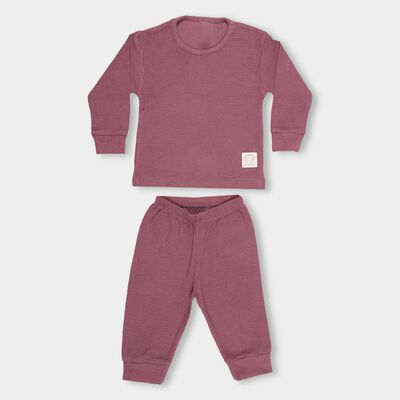 Infants' Purple Cotton Blend Round Neck Waffle Textured Baba Suit