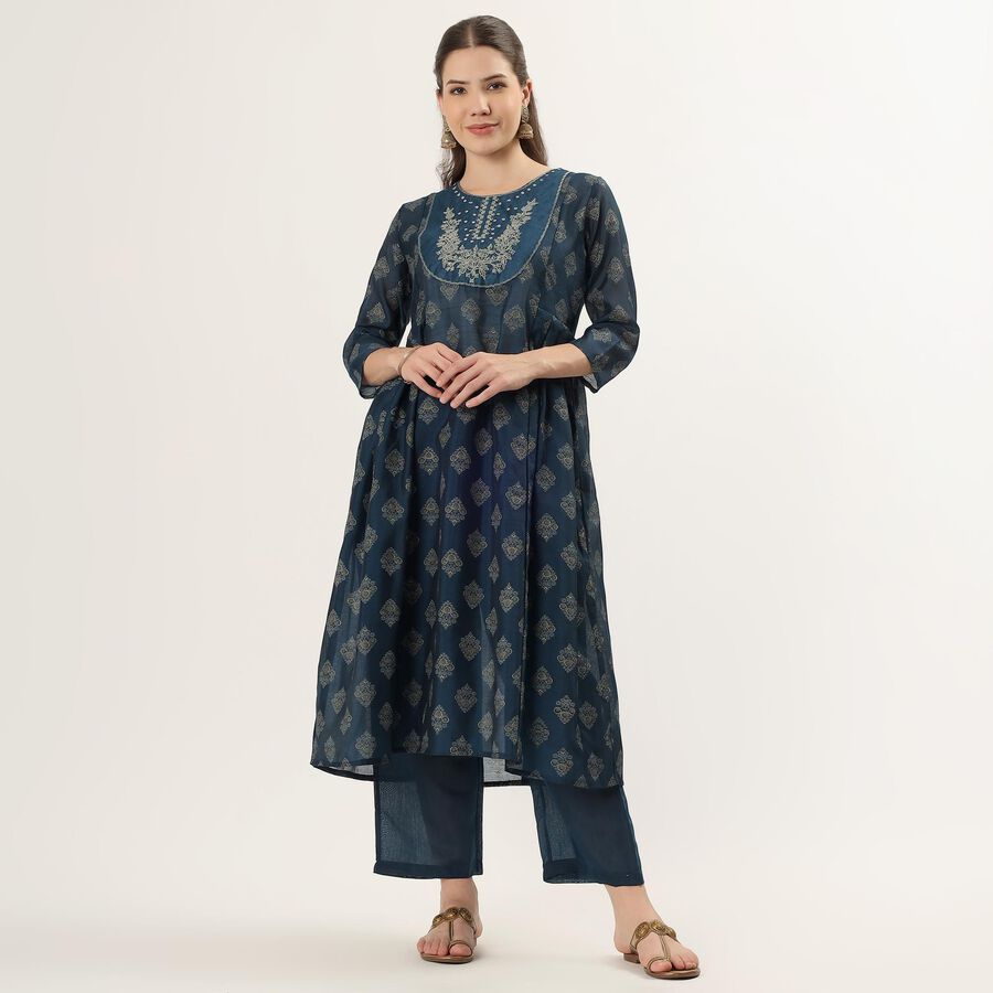 Women's Blue Floral Printed Ethnic Set, टील ब्लू, large