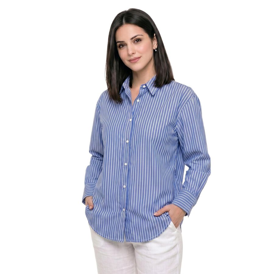 Women's Blue 100% Cotton Long Sleeve Collared Regular Fit Shirt, Light Blue, large