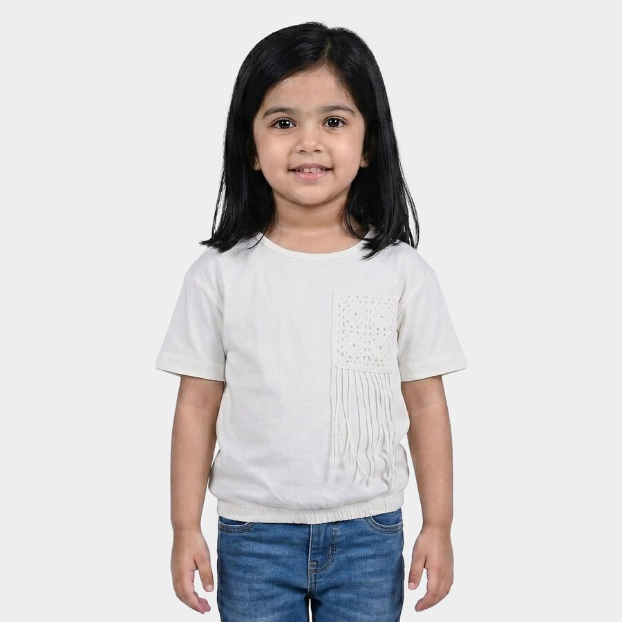 Girls White Cotton Round Neck Regular T-Shirt, सफ़ेद, large