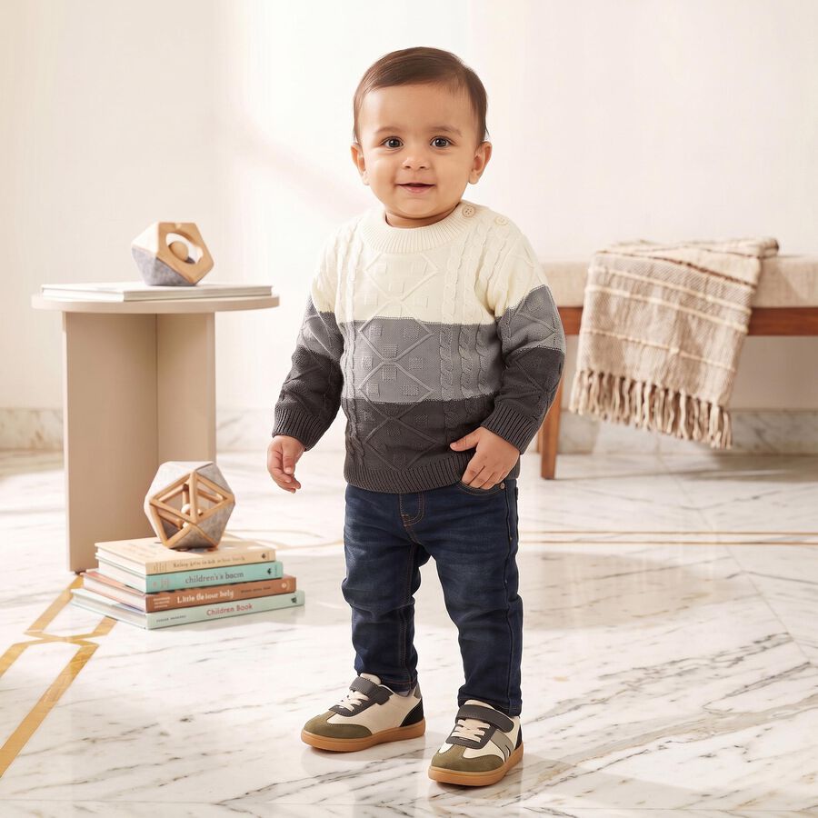 Infants Grey Crew Neck Knitted Design Pullover, चारकोल, large
