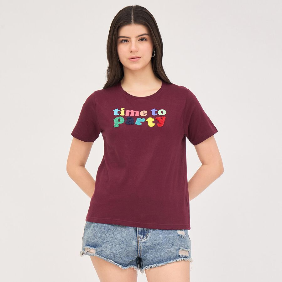 Women's Deep Maroon Cotton Round Neck T-Shirt, Wine, large image number null