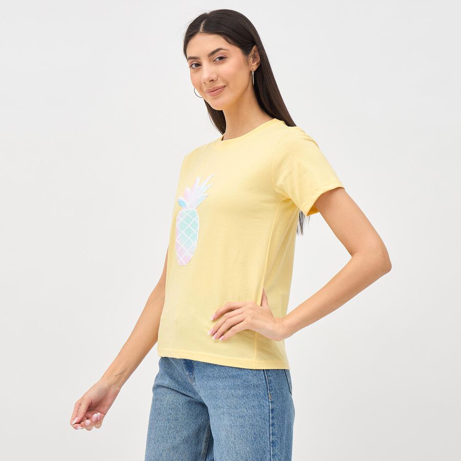 Ladies Light Yellow Cotton Round Neck Embellished T-Shirt, Yellow, large image number null