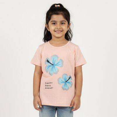 Girls' Light Peach Cotton Round Neck Casual T-Shirt