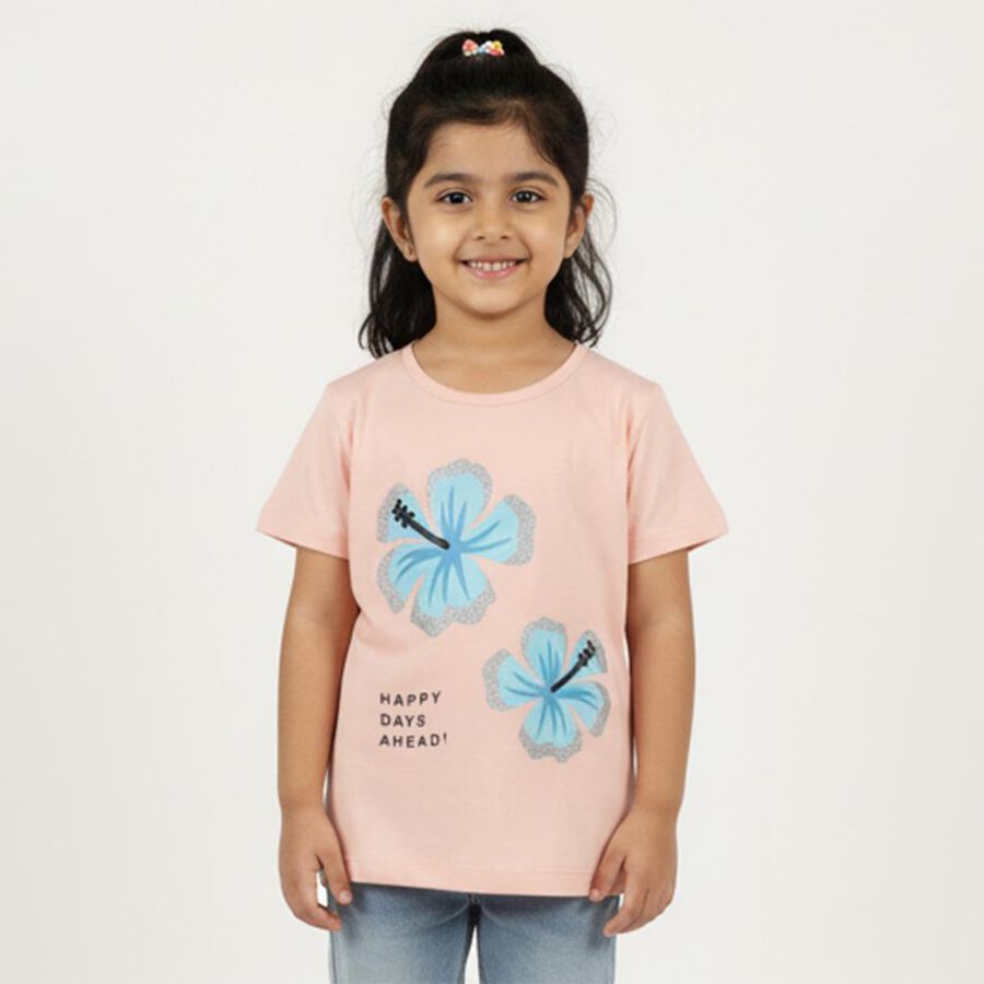 Girls' Light Peach Cotton Round Neck Casual T-Shirt, Peach, large image number null