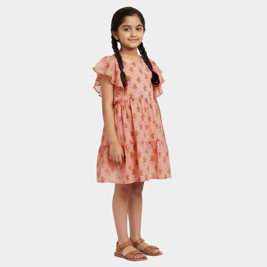Girls' Peach Sleeveless Floral A-Line Dress, पीच, large
