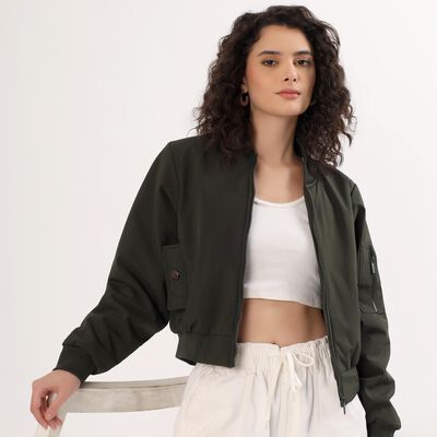 Women's Dark Olive Green Zip Bomber Jacket