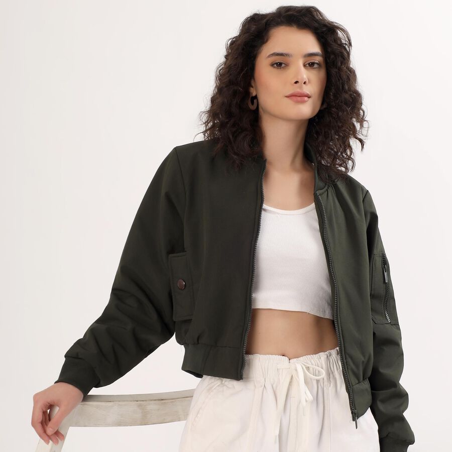 Women's Dark Olive Green Zip Bomber Jacket, Olive, large image number null