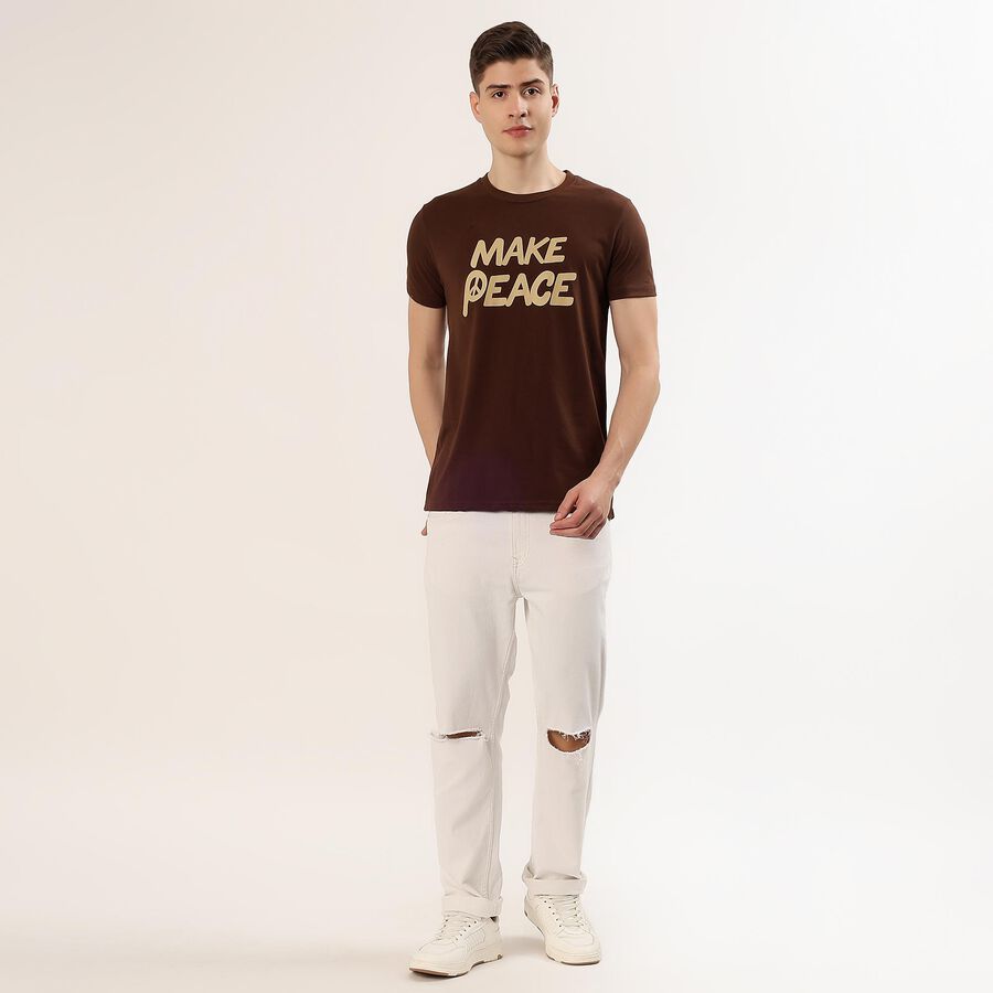 Men's Brown Round Neck Graphic Printed T-Shirt, Brown, large