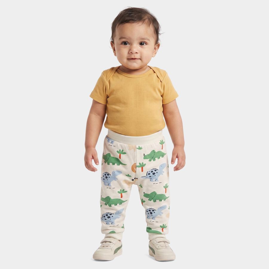 Infants Beige Jogger Fit Dinosaur Printed Cotton Pyjama, गहरा पीला, large